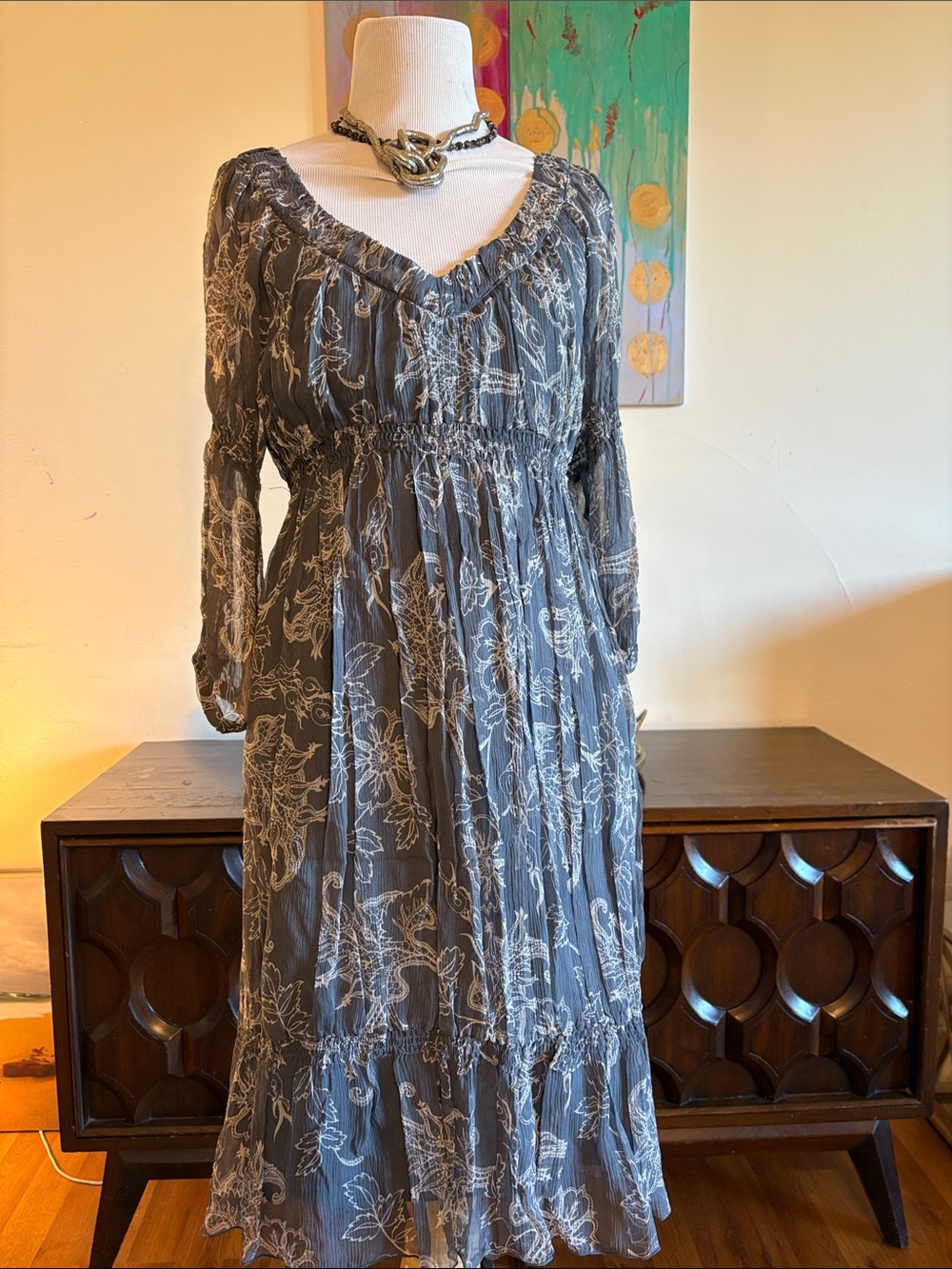 To the Max Gray Floral V-Neck Tiered Maxi Dress, S